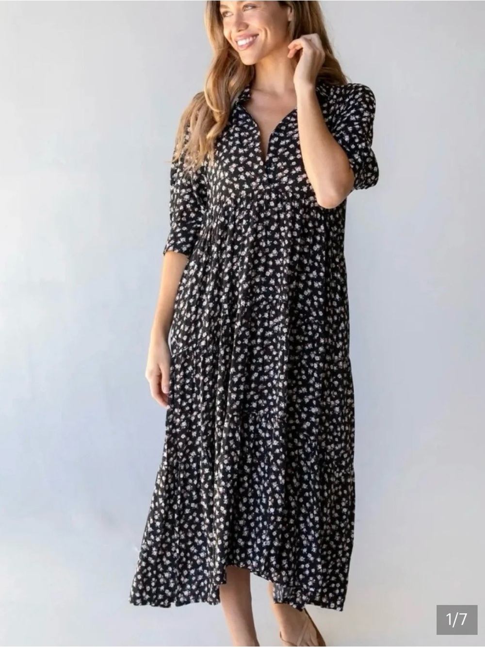 Natural Life Rebecca Midi Dress Black Floral Women’s Medium 100% Rayon Boho